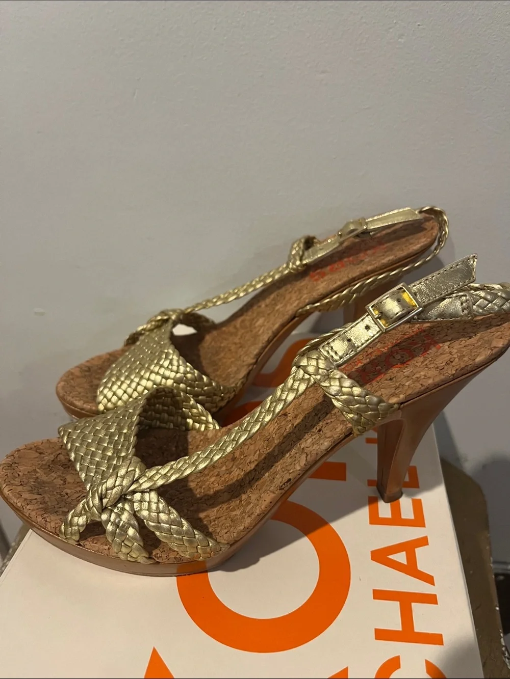 Michael Kors Metallic Gold Braided Cork Wedge Sandals